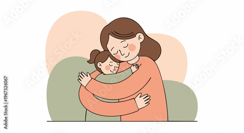 Heartwarming illustration of a loving mother embracing her happy child, depicting family bond, care, and affection in a gentle, minimalist style.