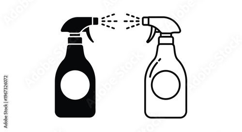 Two spray bottles one emitting mist presented as a bold silhouette