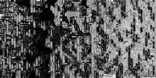 Grayscale abstract digital art with distorted organic forms and fluid textures forming a complex, chaotic visual pattern for graphic design and backgrounds