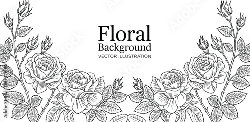 Luxury rose flower line art background, elegant floral leaf frame design for wedding card summer vintage bouquet pattern vector illustration for nature spring theme.