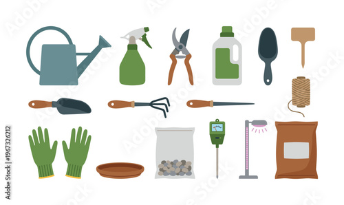Vector collection of essential gardening tools and equipment for planting. Flat illustration style set for hobby, horticulture, or agriculture concepts. Includes watering can and seeds.