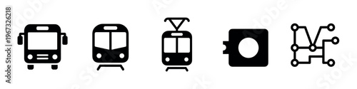 A set of minimalist black vector icons representing public transport. Includes bus, train, tram, ticket validator, and route map symbols for UI, web design, and navigation apps.