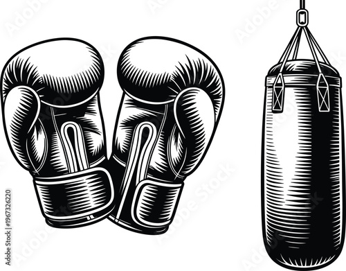Vintage boxing equipment illustration, gloves and punching bag drawing, sports training artwork, strength, discipline, fitness, combat sport, retro design