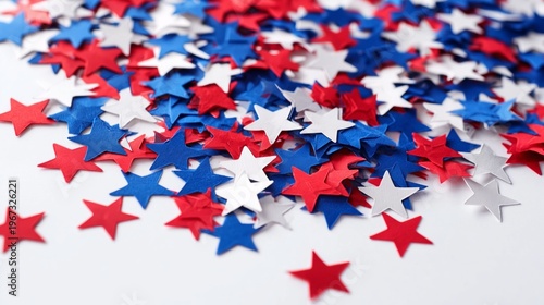Colorful Stars in Red White and Blue Scattered on a White Surface for Decorat...