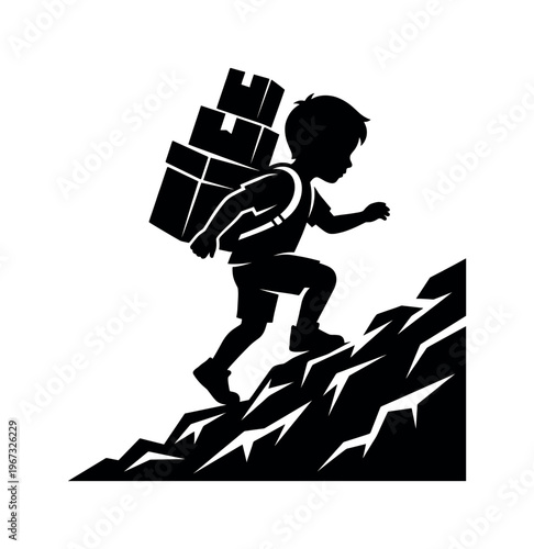 Vector silhouette of a boy with a heavy load climbing a steep mountain. Symbol of challenge, burden, hard work, perseverance, and overcoming adversity in life or business.