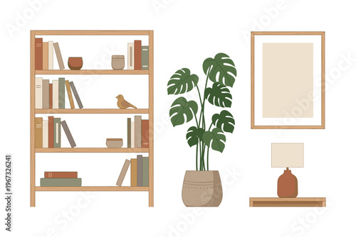 Collection of modern home decor items. Features a wooden bookshelf, potted monstera, mockup frame, and a lamp. Perfect for hygge, cozy, and minimalist lifestyle concepts.