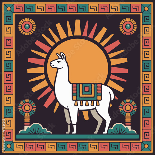 White llama with colorful blanket and sun motif animal