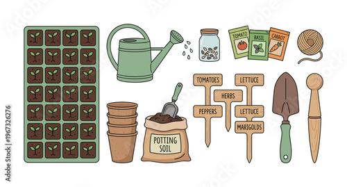 A charming collection of garden tools and supplies for starting seeds. Includes seedlings, pots, and soil. Ideal for spring, hobby, and agricultural themes.