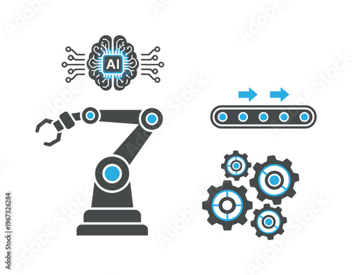 Set of vector icons for industrial automation and AI. Includes a robot arm, conveyor, and gears. Perfect for smart factory and Industry 4.0 topics.