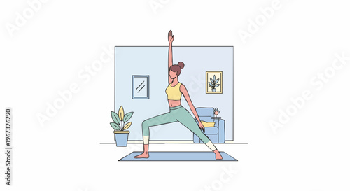 Woman practicing Warrior II yoga pose in a bright, modern living room, promoting healthy lifestyle and wellness.