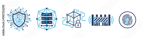 Vector icon set for data protection concepts. Includes cyber security shield, blockchain, encryption lock, firewall, and fingerprint symbols for tech design.