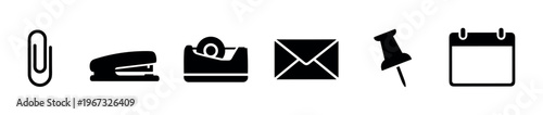 Set of black office stationery icons. Includes paperclip, stapler, tape, envelope, pin, calendar. Minimalist vector symbols for business, web, and app design projects.