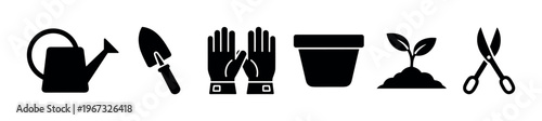 Minimalist black glyph icons for gardening and plant care. This vector set includes tools for planting, growing, and agriculture. Great for eco-friendly or hobby concepts.