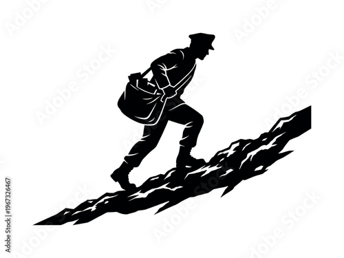 Silhouette of a postman delivering mail, climbing a difficult hill. This vector icon symbolizes perseverance, challenge, dedication, and overcoming obstacles in service.