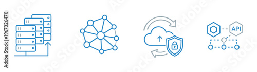 Set of modern outline icons for technology concepts. Includes server, network, secure cloud, and API integration symbols for web design, apps, and business infographics.