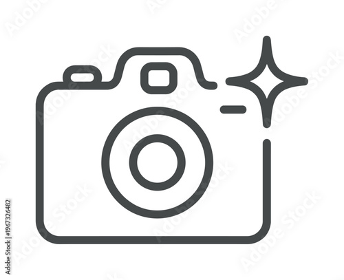 Simple camera line icon with a flash sparkle. A clean, modern vector symbol for photography, app interface, picture gallery, or digital media button. Minimalist design concept.