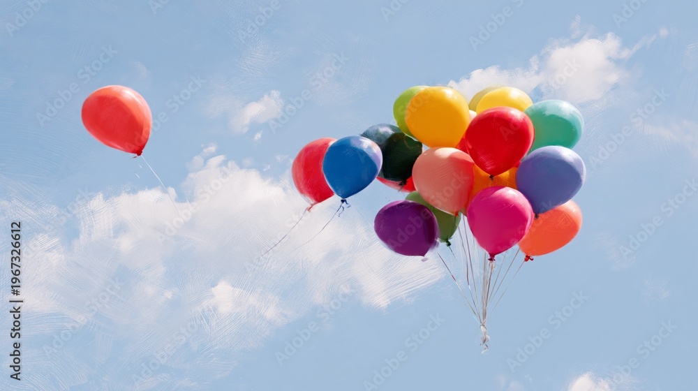 Fototapeta premium Bright Balloons Float in the Sky During a Sunny Day in a Park
