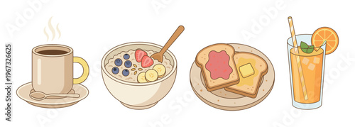 A cute vector set of a healthy breakfast meal. Includes coffee, oatmeal with berries, toast with jam and butter, and orange juice. Perfect for menus, blogs, and icons.