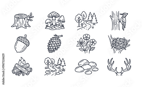 A set of hand-drawn forest and camping line icons. Includes tree, mushroom, campfire, and wildlife symbols. Perfect for outdoor adventure, hiking, or nature-themed projects.