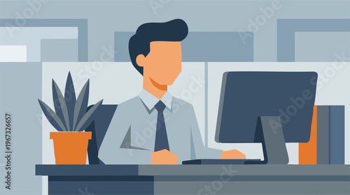 Minimalist flat design illustration of a professional working at a computer in an office