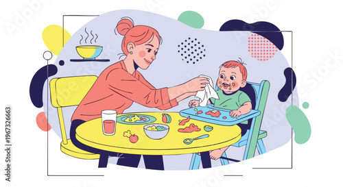 Loving mother feeding her happy baby boy with food at the table, illustration, healthy eating, family mealtime