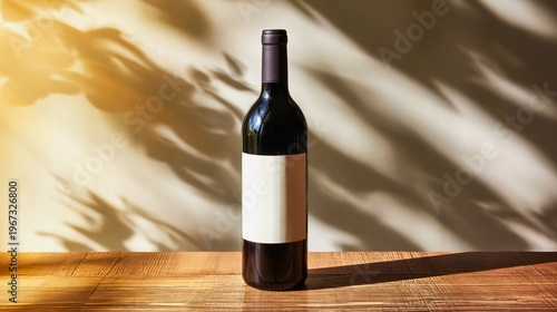 Bottle of Wine on Wooden Table With Shadows From Sunlight in the Background i...