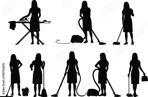 Collection of female silhouettes performing various household chores including vacuuming, mopping floors,