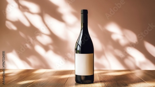 Bottle of Wine on Wooden Table With Shadows From Sunlight in the Background i...