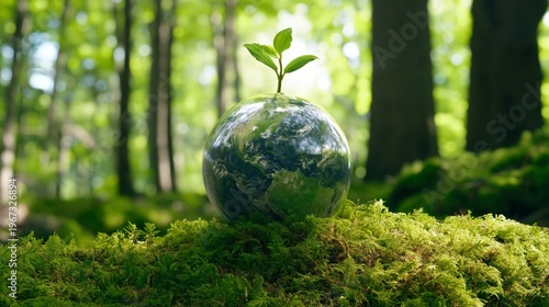 Nature Scene With Glass Sphere and Green Plant Growing in Forest During Daylight