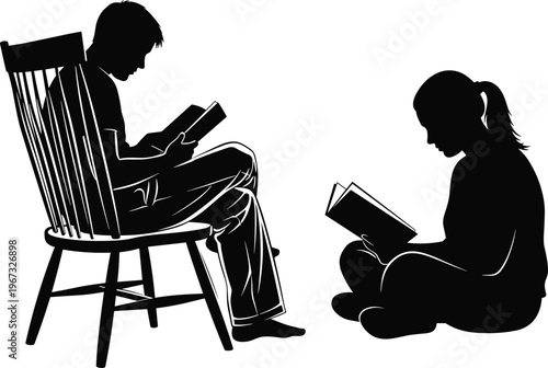 Silhouette of a boy sitting on a wooden chair and a girl sitting on the floor both reading books together