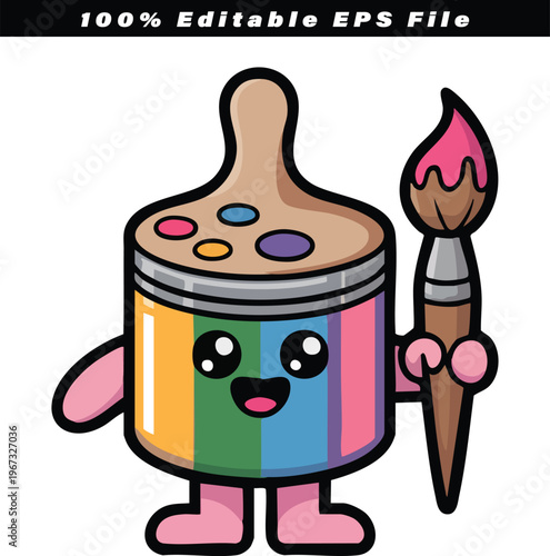 Colorful paint pot character with a cheerful expression stands proudly, holding a paintbrush, symbolizing creativity, art, and vibrant design possibilities for various projects.