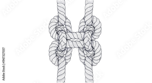 Detailed illustration of a complex rope knot showing intricate fibers and symmetrical loops isolated against a plain white background.