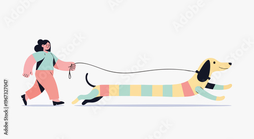 A person walking a very long, colorful dachshund dog on a leash in a minimalist, flat design style
