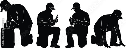Detailed silhouettes of professional manual laborers wearing caps while kneeling and performing technical repair tasks,