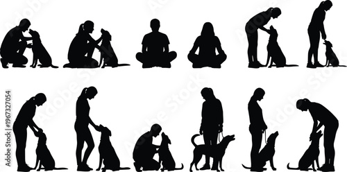 Extensive collection of silhouettes featuring men and women interacting with dogs, including training, petting, walking,