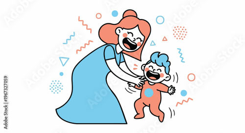 Happy mother tickling her laughing baby boy, surrounded by playful abstract shapes and confetti in a bright cartoon style.