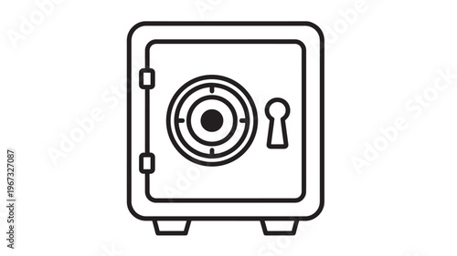 Safe security box with target dial and keyhole icon on a white background, representing protection featuring money, wealth, valuables with financial