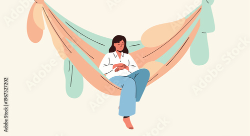 Relaxed young woman enjoying peaceful leisure time in a comfortable colorful hammock, embracing tranquility and summer vibes in a serene illustration.