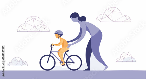 Mother teaching her young son to ride a bicycle outdoors on a sunny day, representing childhood learning, parental guidance, and family bonding.