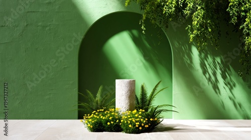 Bright Green Wall With Planters and a Round Table in a Sunny Outdoor Space Ne...