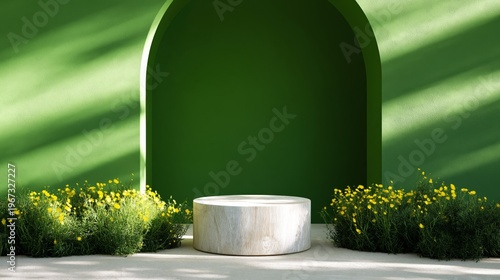 Bright Green Wall With Planters and a Round Table in a Sunny Outdoor Space Ne...