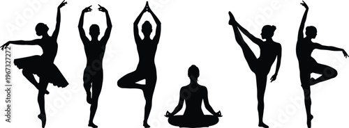 Graceful collection of female silhouettes featuring ballet dancers, yoga practitioners, and gymnasts performing elegant poses, artistic dance movements