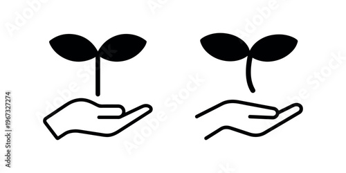 Minimalist vector illustration of small green plant sprout growing above human hand silhouette representing gardening nature growth and botanical protection