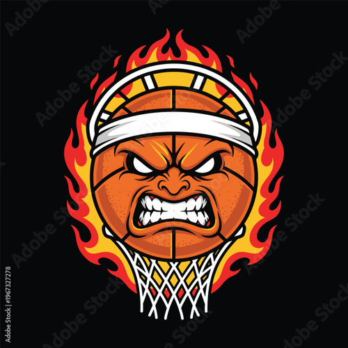 Angry basketball mascot character on fire going through the net and hoop vector illustration.