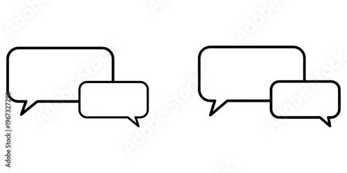 Two pairs of black outline speech bubble icons on a white background, representing conversation, communication, and dialogue between individuals