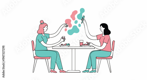 Two friends sharing a joyful meal or drinks, creating a vibrant splash of color and connection, symbolizing shared experiences and lively conversation.