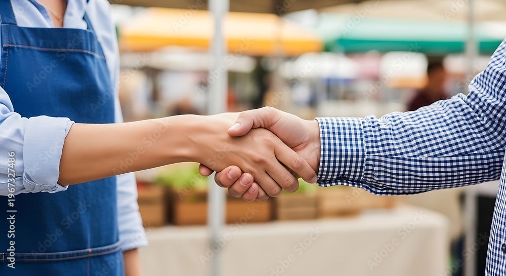 Obraz premium Close-up of Handshake Between Merchant in Blue Apron and Customer at Outdoor Market Stall