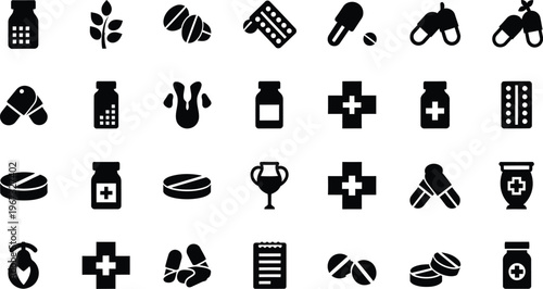 Medical and Pharmacy Icons Collection Health, Medicine, Pharmacy, Drugs, Pills, Capsules, Bottles, Crosses, Lab and Wellness