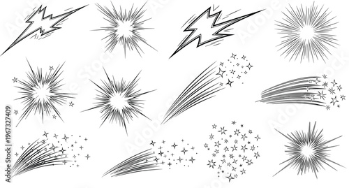 Set of Hand-Drawn Burst and Spark Illustrations for Comic, Explosion, Light Effects, and Graphic Design Projects