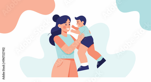 Joyful illustration of a loving mother embracing her happy young son, depicting family bonding, care, and maternal affection in a modern flat design style.